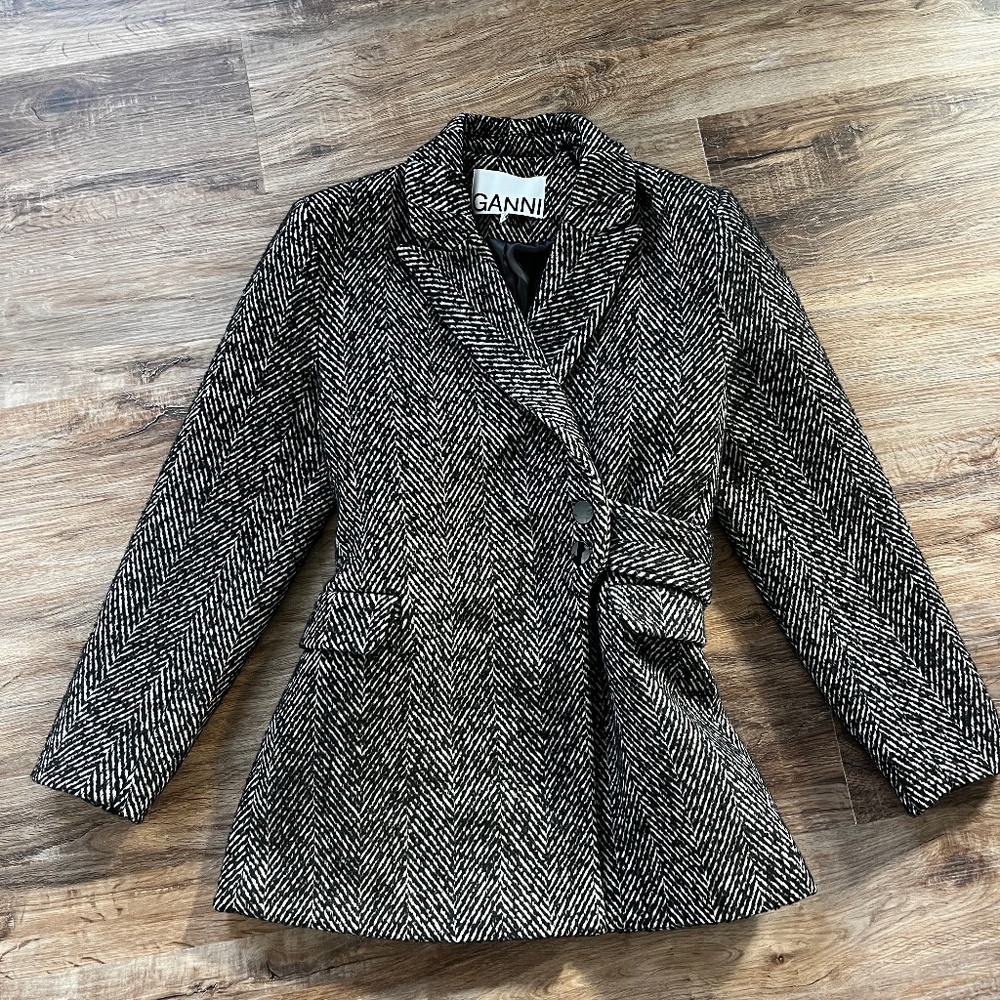 Ganni Herringbone Wool Belt Blazer